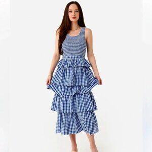 RHODE Nia Gingham Smocked Tiered Midi Dress - Toulouse Gingham (NWT) Size 4 NWT